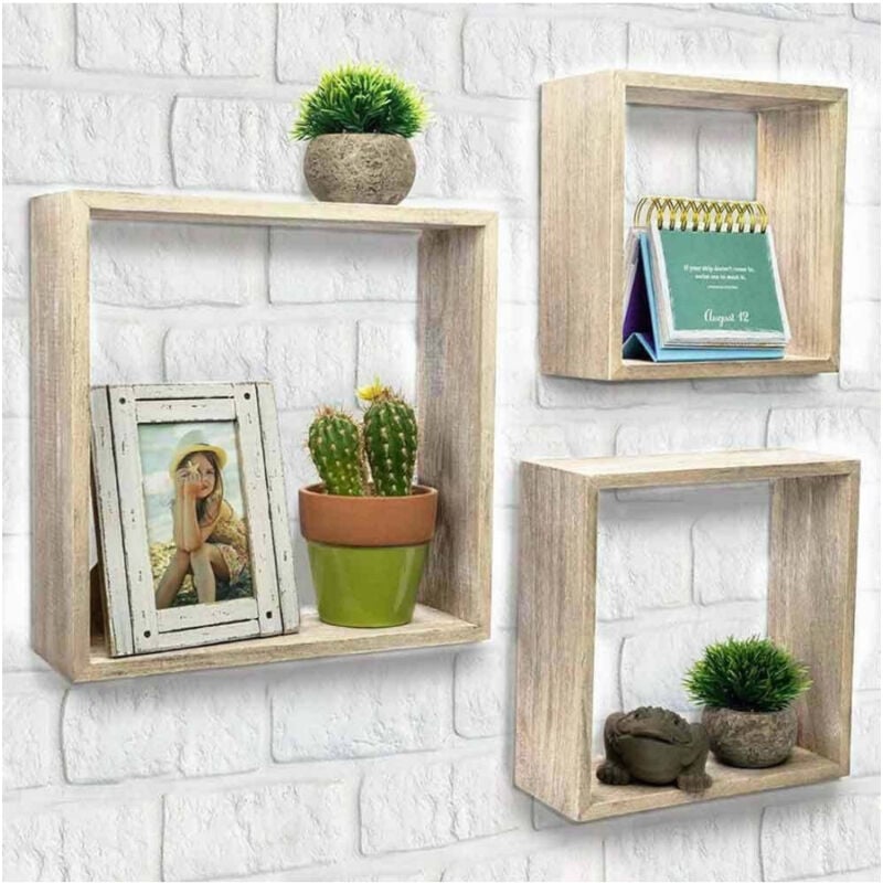 foto del prodotto trade shop traesio set 3 mensole da parete moderne design cubo mensola scaffale in legno mdf beige 