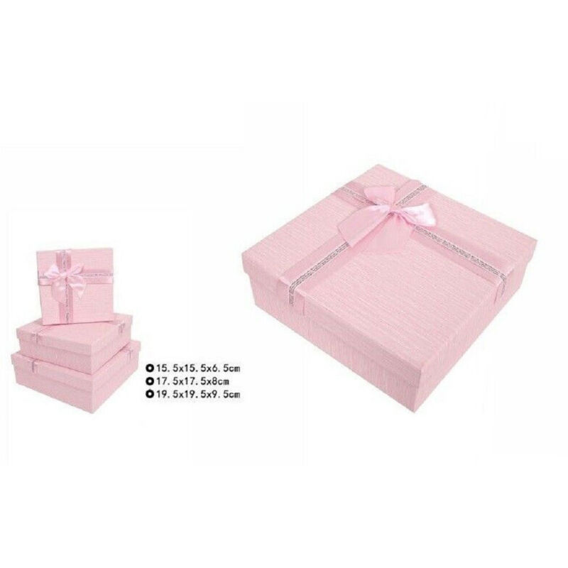 foto del prodotto trade shop traesio set 3 pezzi scatole box per regali varie misure quadrate rosa con fiocco 69346 