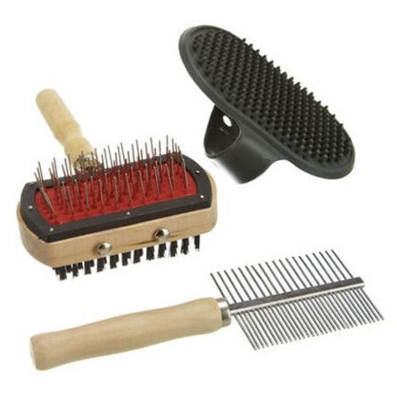 foto del prodotto trade shop traesio set 3 pezzi spazzole per cani in 3 modelli differenti manico in legno 