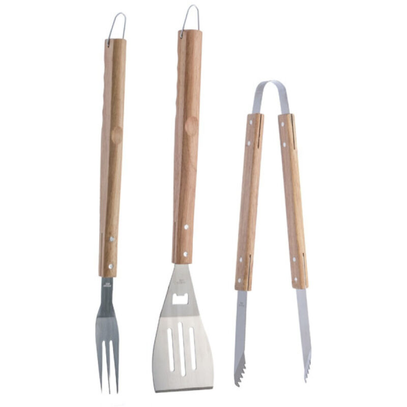 foto del prodotto trade shop traesio set 3 pezzi utensili barbecue in acciaio e legno accessori attrezzi bbq tools 