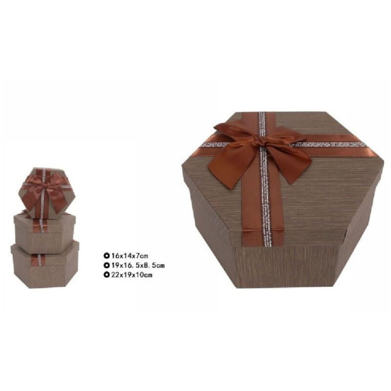 foto del prodotto trade shop traesio set 3 pz scatole box per regali varie misure esagonali marrone con fiocco 69353 