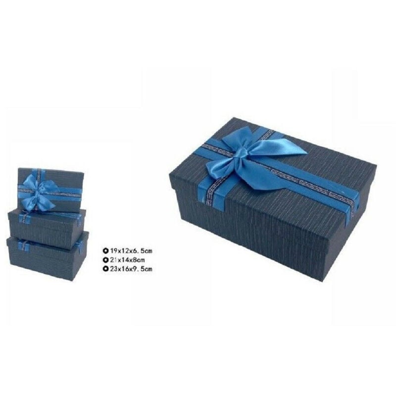 foto del prodotto trade shop traesio set 3 pz. scatole box per regali varie misure rettangolari blu con fiocco 69332 