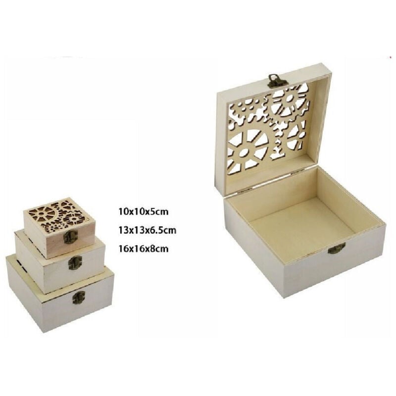 foto del prodotto trade shop traesio - set 3 pz scatole in legno decoupage portagioie incise scatola cofanetto 74011a -