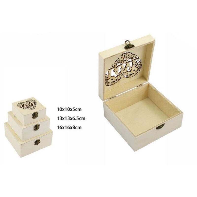 foto del prodotto trade shop traesio - set 3 pz scatole legno decoupage portagioie cuore love scatola cofanetto 74012a -