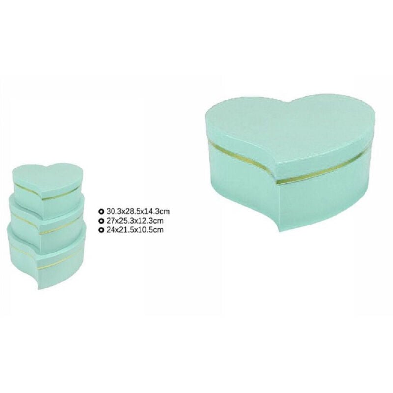 foto del prodotto trade shop traesio set 3 scatole regali varie misure matrioska forma cuore storto verde acqua 71935 