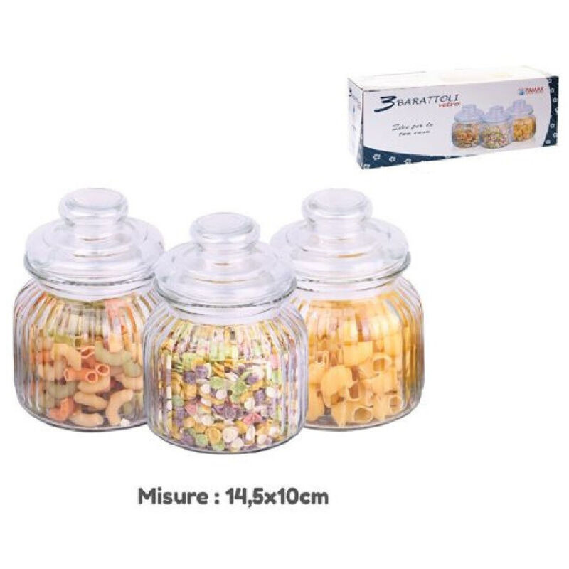 foto del prodotto trade shop traesio set 3 tris barattoli con coperchio vetro 14.5x10cm cucina pasta biscotti 710916 