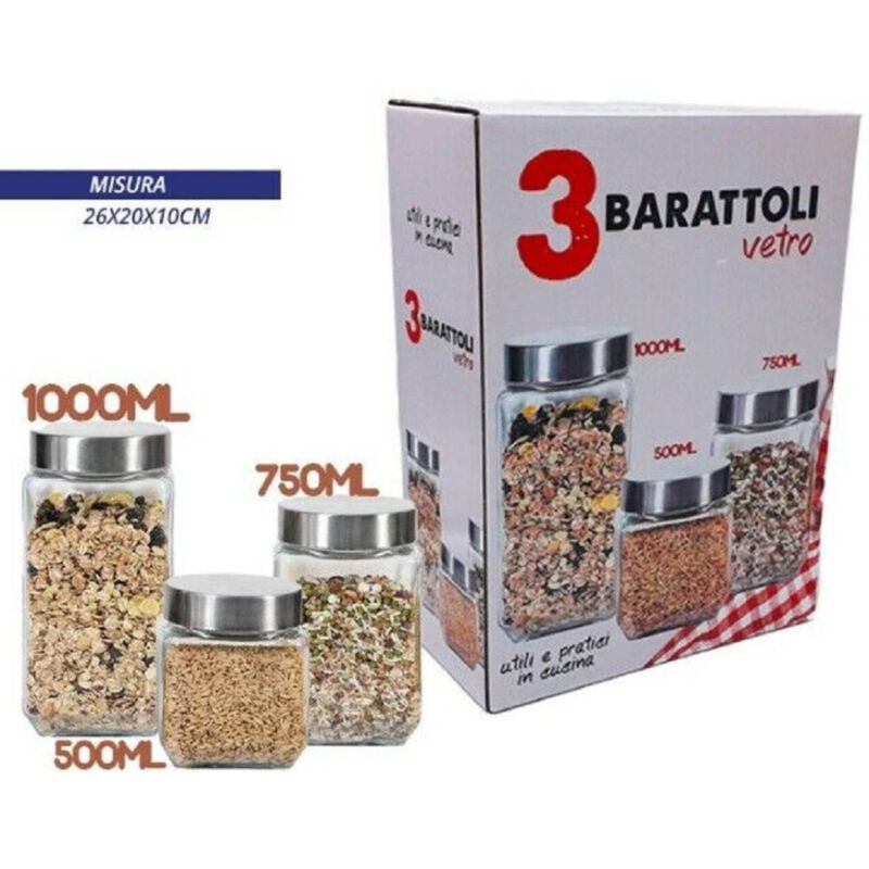 foto del prodotto trade shop traesio set 3 tris barattoli vetro con coperchio metallo contenitori pasta biscotti 