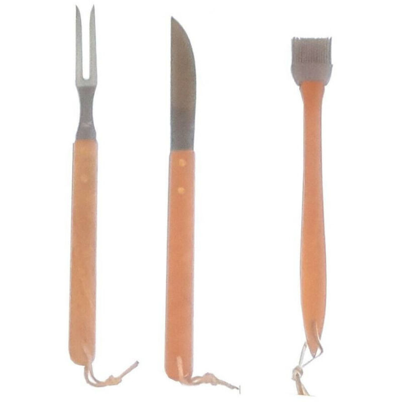 foto del prodotto trade shop traesio set 3 utensili per barbecue forchettone pennellino e coltello lama bbq attrezzi 