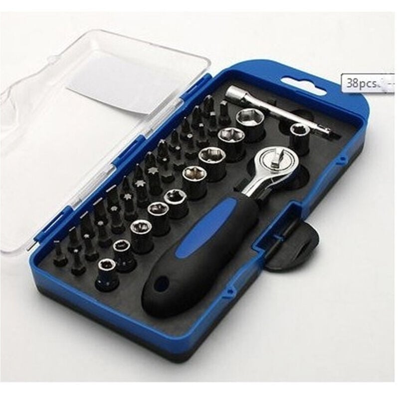 foto del prodotto trade shop traesio - set 38 chiavi a bussola con cricchetto inserti assortiti kit multi attrezzi prof -