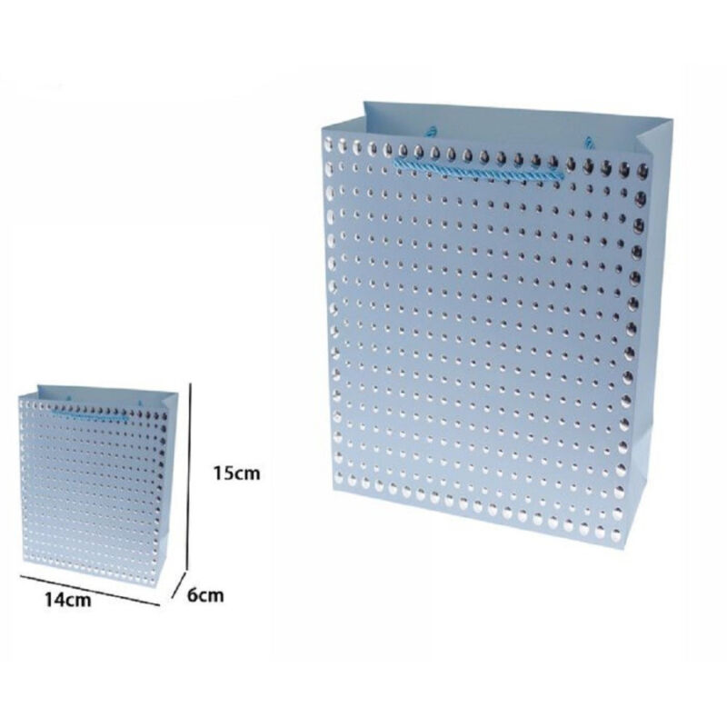 foto del prodotto trade shop traesio set 3pz buste regalo shopper azzurra borchie maniglie cordoncino 15x14x6cm 69941 