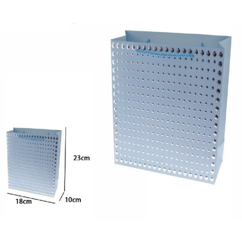 foto del prodotto trade shop traesio set 3pz buste regalo shopper azzurra borchie maniglie cordoncino 23x18x10cm 69942 