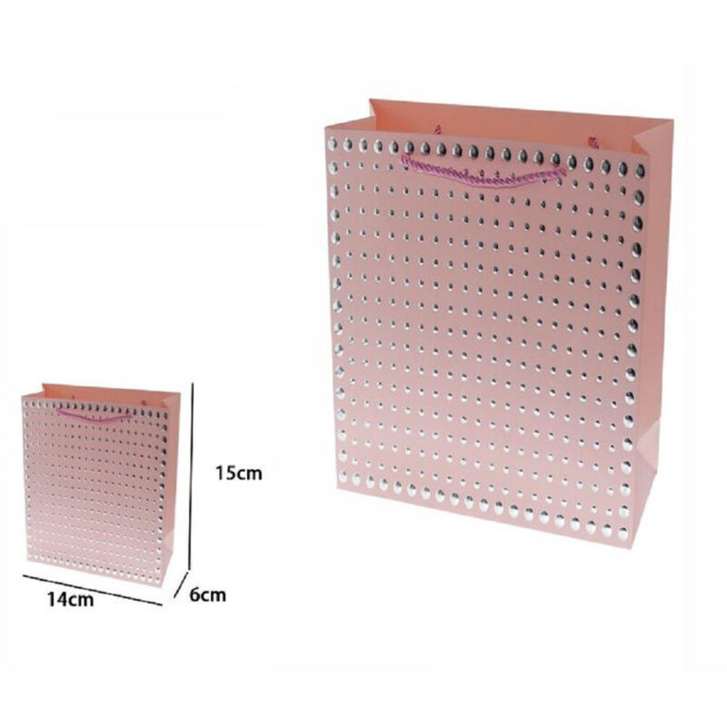 foto del prodotto trade shop traesio set 3pz buste regalo shopper rosa borchie maniglie a cordoncino 15x14x6cm 69945 