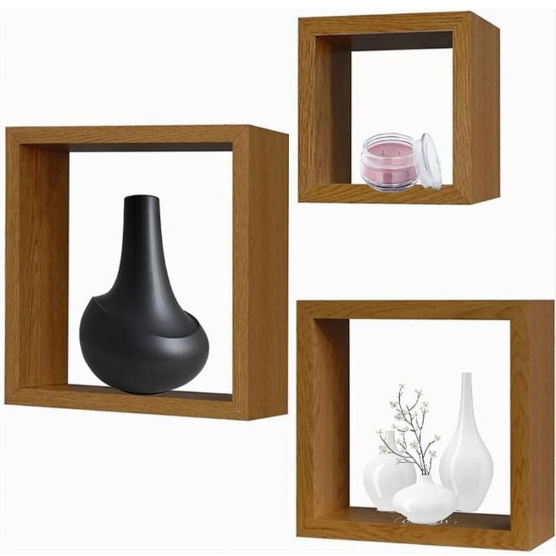 foto del prodotto trade shop traesio set 3pz mensole da parete a cubo moderne design quadrato effetto legno 2 ripiani 