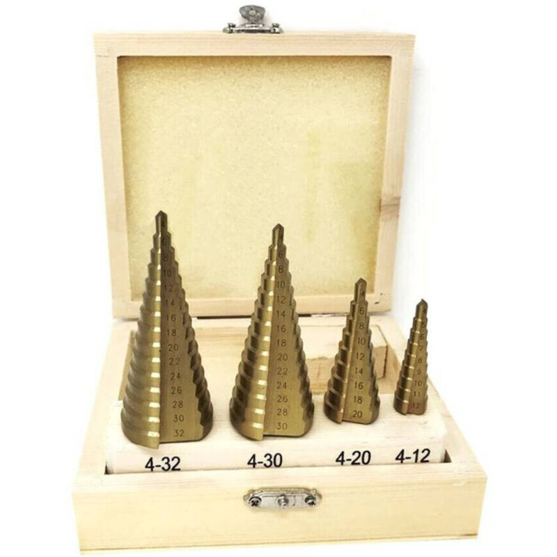 foto del prodotto trade shop traesio set 4 frese coniche da 4 a 32 mm fresa conica a scalini per trapano allargafori 