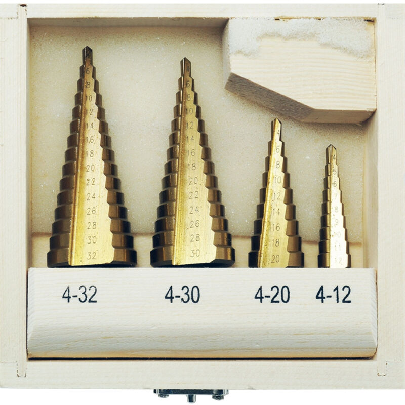foto del prodotto trade shop traesio set 4 punte frese coniche scalino gradini allargafori 4 32 4 30 4 20 4 12 
