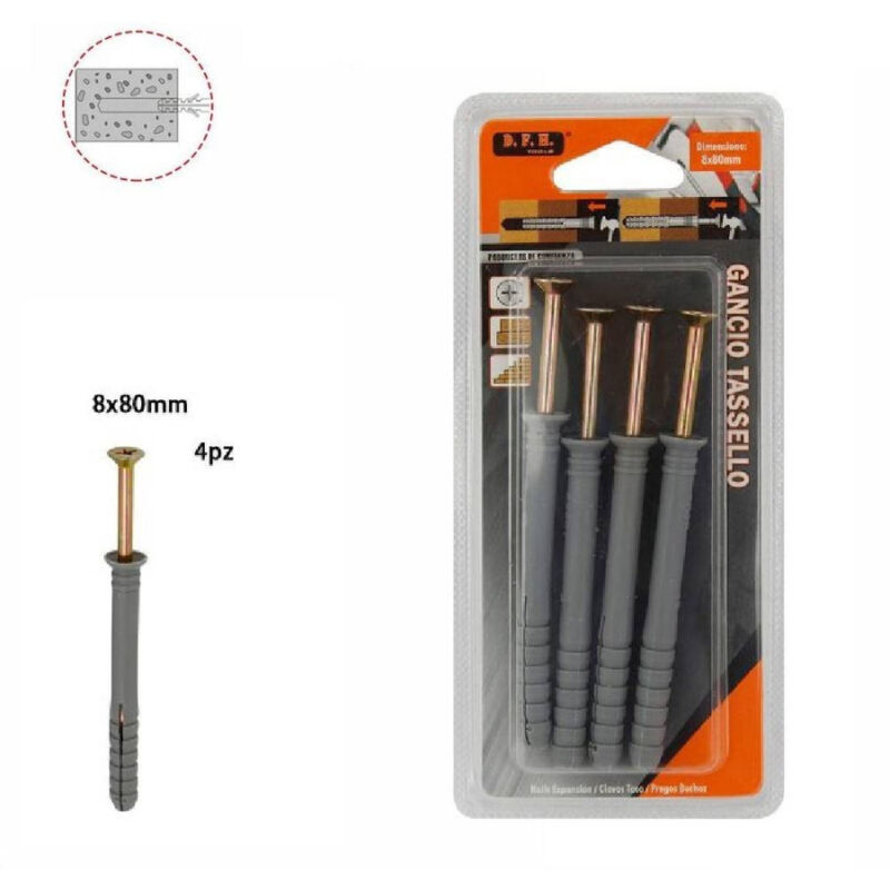 foto del prodotto trade shop traesio set 4pz. tasselli fisher viti vite chiodi gancio tassello misura 8 x 80 mm 69054 