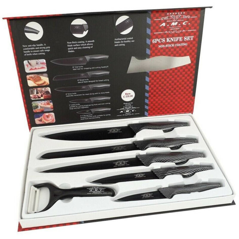 foto del prodotto trade shop traesio - set 5 coltelli da cucina in acciaio effetto carbonio piu pelapatate -