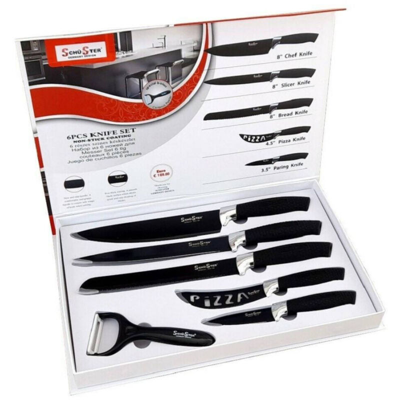 foto del prodotto trade shop traesio set 5 coltelli neri da cucina in acciaio manico antiscivolo pelapatate black 