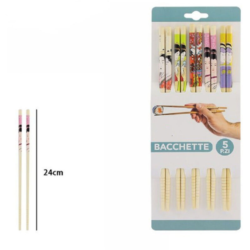 foto del prodotto trade shop traesio set 5 coppie 10 bacchette legno cinesi giapponesi posate cucina 24cm decorate 74190 