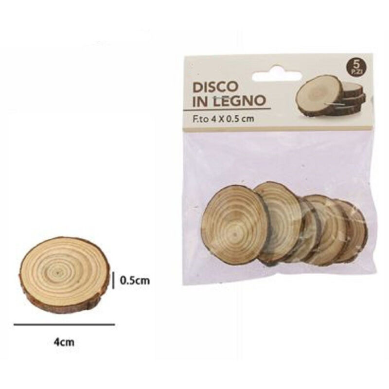 foto del prodotto trade shop traesio set 5 pezzi dischi disco di legno decorativo per ornamento 4x0.5cm rotondo 72106 