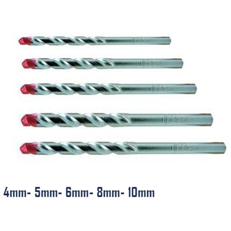 foto del prodotto trade shop traesio set 5 punte punta trapano a spirale per muro e metallo rosso 4 5 6 8 10 mm foro 