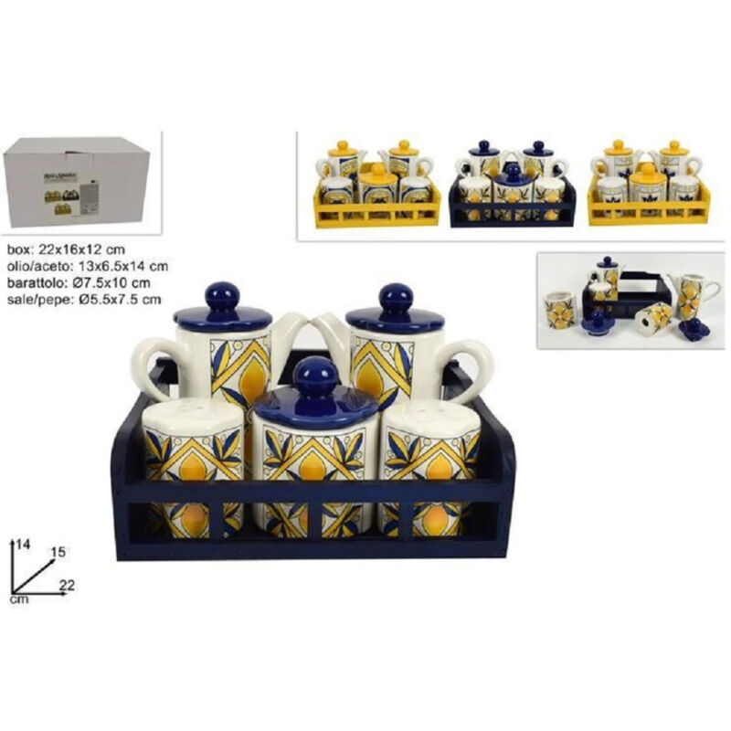 foto del prodotto trade shop traesio set 5 pz menage in ceramica decorata fantasia maiolica con espositore supporto 