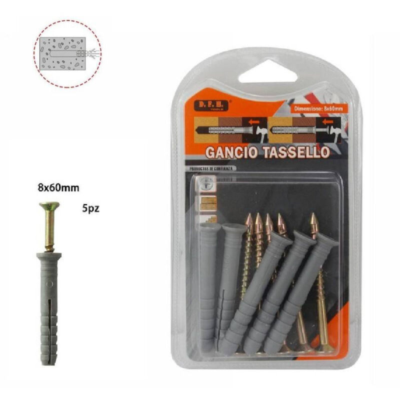 foto del prodotto trade shop traesio set 5 pz. tasselli fisher viti vite chiodi gancio tassello misura 8 x 60mm 69053 