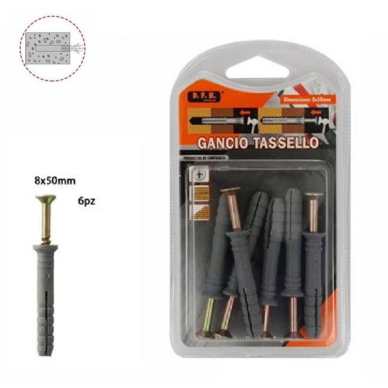 foto del prodotto trade shop traesio set 6 pezzi tasselli fisher viti vite chiodi gancio tassello misura 8x50mm 69052 
