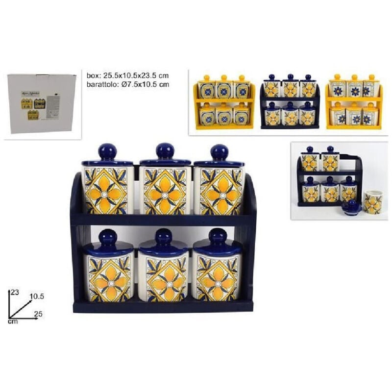 foto del prodotto trade shop traesio set 6 pz barattoli in ceramica decorata fantasia decoro maiolica con espositore 