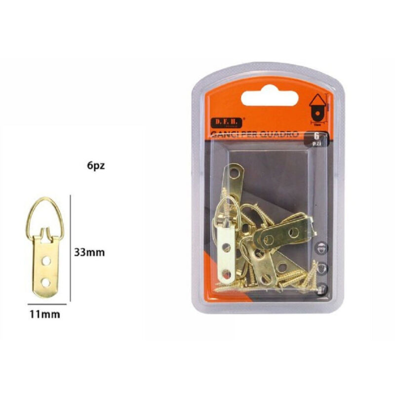 foto del prodotto trade shop traesio set 6 pz ganci gancetti dorati per quadri cornici appendere parete 33x11mm 07999 