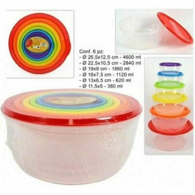 foto del prodotto trade shop traesio - set 6 pz pezzi contenitori in plastica tondi con coperchio per alimenti -