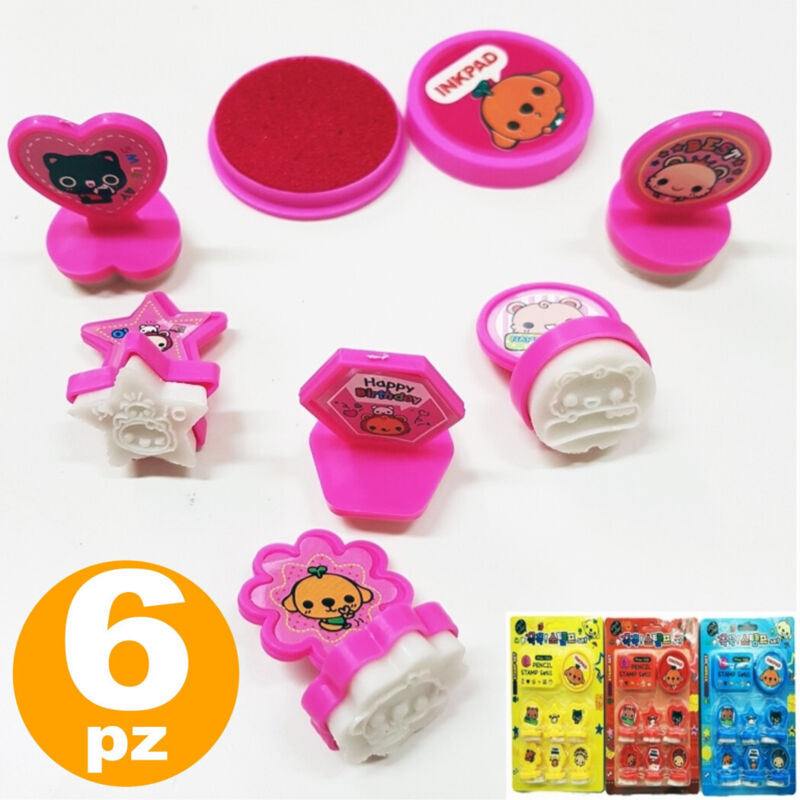 foto del prodotto trade shop traesio set 6 timbri cartoon messaggi colorati divertenti con tampone inchiostro bambina 
