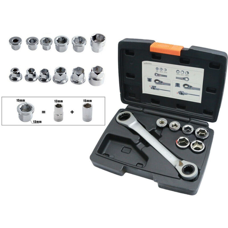 foto del prodotto trade shop traesio set 7 chiave a cricchetto reversibile esagonali 14 19mm 5 innesti 6 19mm 