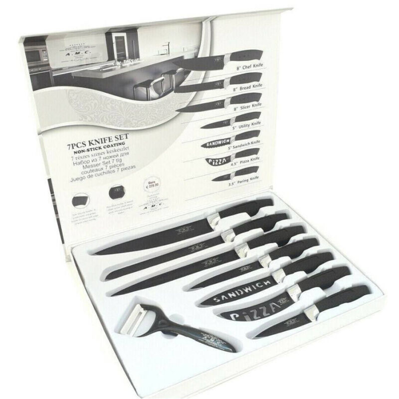 foto del prodotto trade shop traesio set 7 coltelli da cucina in acciaio manico antiscivolo piu pelapatate black 