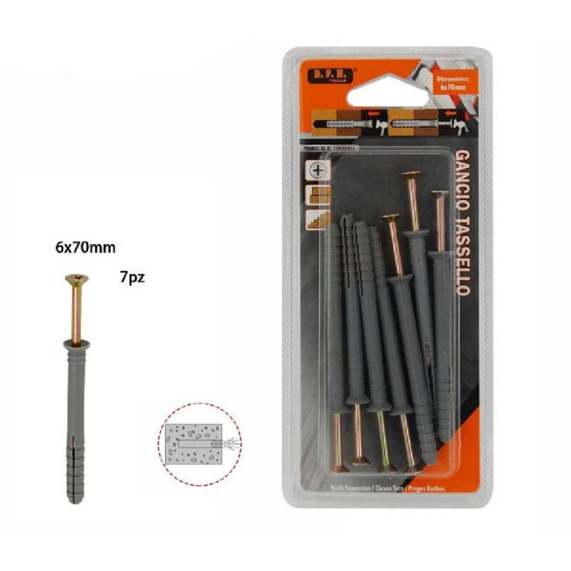 foto del prodotto trade shop traesio set 7 pezzi tasselli fisher viti vite chiodi gancio tassello misura 6x70mm 69050 