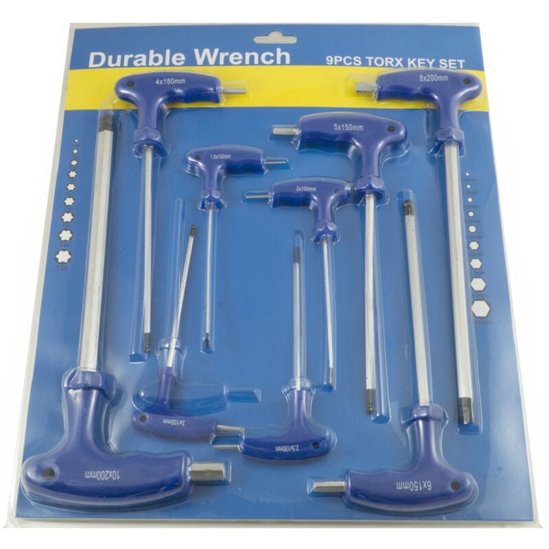 foto del prodotto trade shop traesio set chiavini a t torx esagonali acciaio 9 pezzi ball point con manico a elle l 