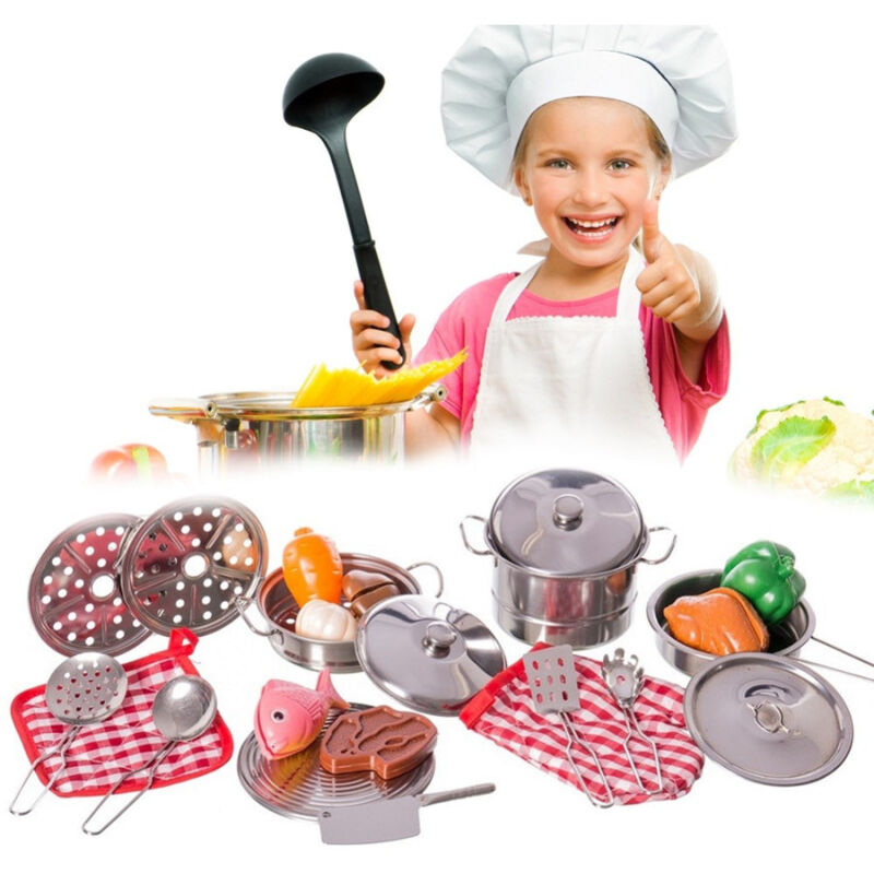 foto del prodotto trade shop traesio set cucina giocattoli bambini in metallo 23pz con pentole mestoli e accessori 