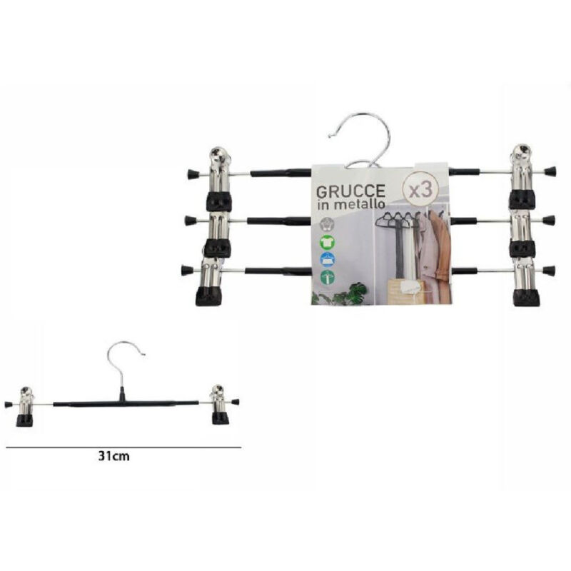 foto del prodotto trade shop traesio set di 3 pz grucce gruccia in metallo nera con clip 31cm vestiti pantaloni 67620 