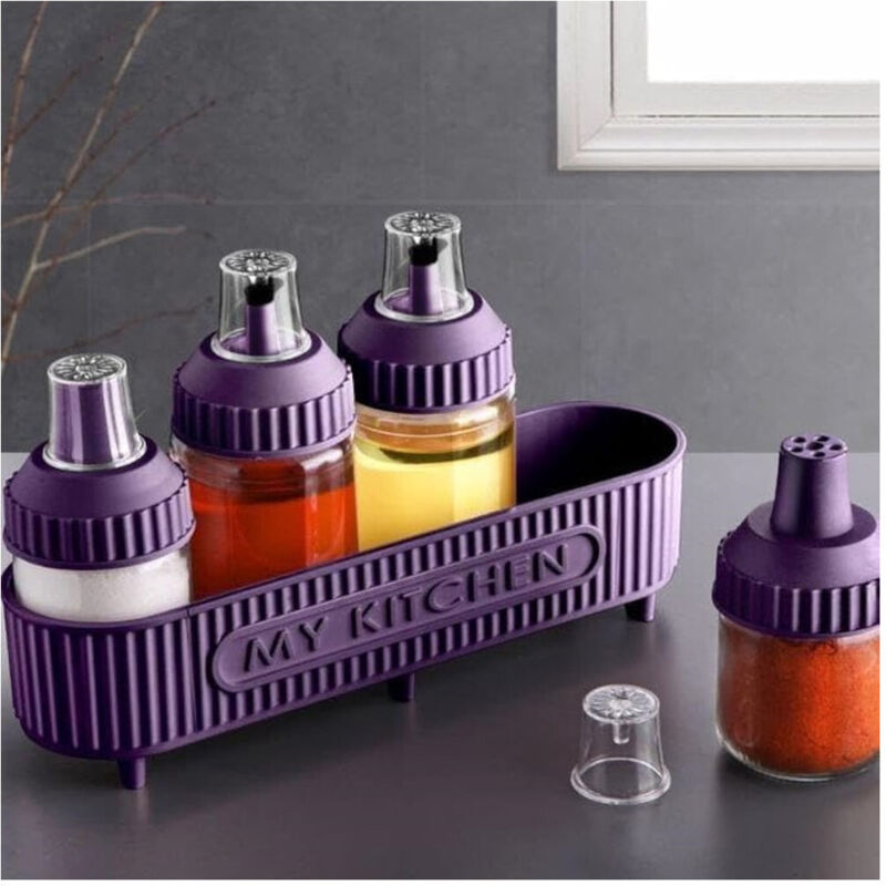 foto del prodotto trade shop traesio - set di contenitori spezie oli con stand viola 5pz cucina per conservare cucinare condire -