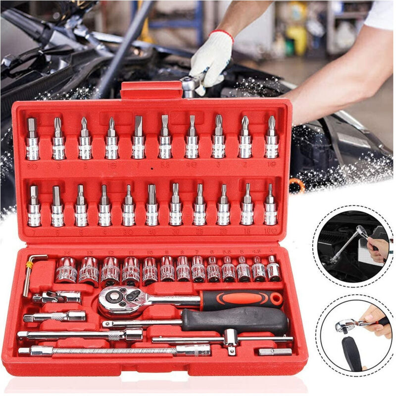 foto del prodotto trade shop traesio set kit 46 pezzi chiavi a bussola con cricchetto 1 4 cacciavite esagonale tubo 