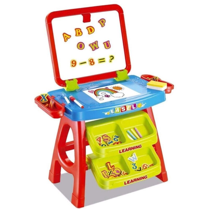 foto del prodotto trade shop traesio set lavagna con piano disegno e cavalletto rosso con accessori numeri e lettere 