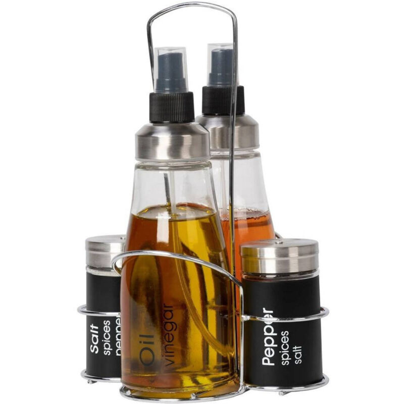 foto del prodotto trade shop traesio set menage contenitori in vetro acciaio 4 pezzi con stand accessori per cucina 