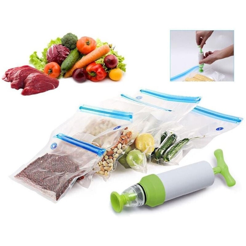 foto del prodotto trade shop traesio - set sacchetti zip sottovuoto con pompa a mano 2 clip chiudi buste sigilla chiudi -