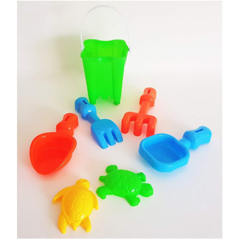 foto del prodotto trade shop traesio set secchiello paletta rastrello formine setaccio sabbia gioco spiaggia mare bimbi 