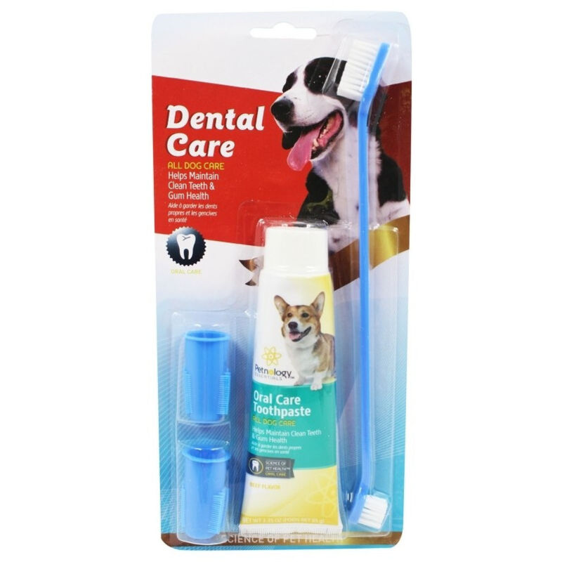 foto del prodotto trade shop traesio set spazzolino lungo doppio dentifricio 2 testine dito per cane animali 