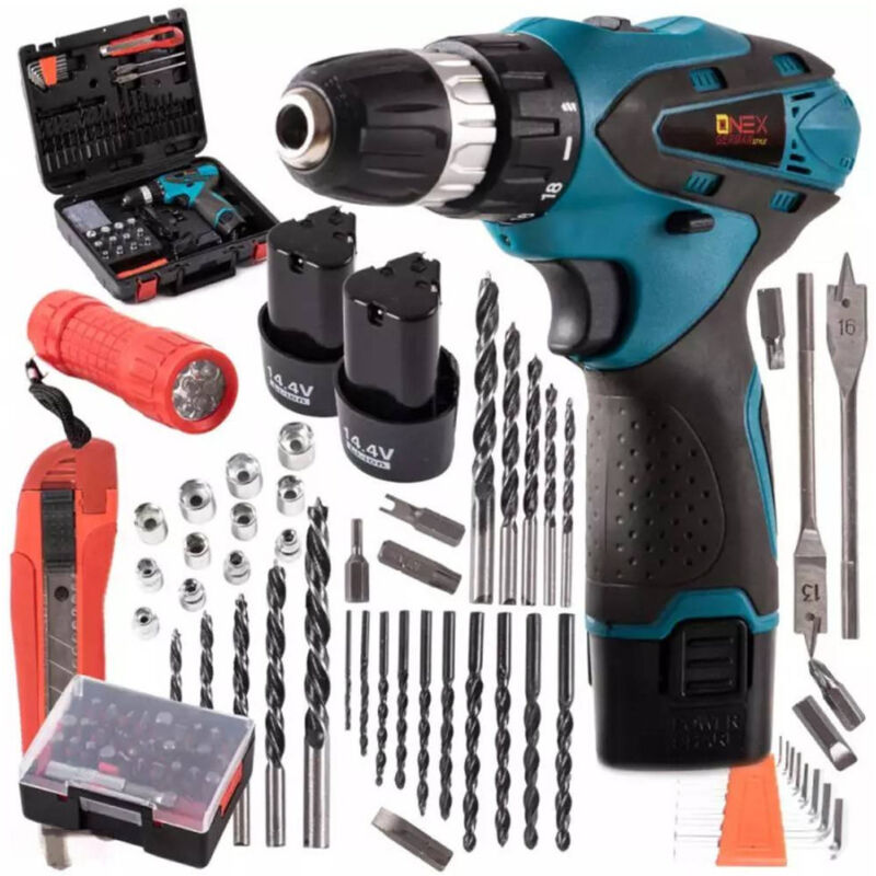 foto del prodotto trade shop traesio set trapano avvitatore a batteria 14,4v a litio kit con 80 accessori e valigetta 