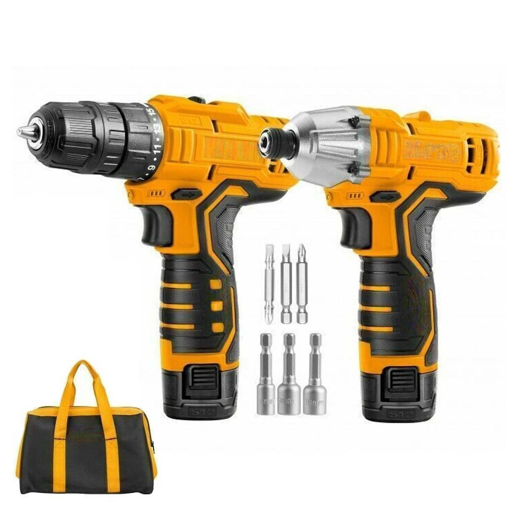foto del prodotto trade shop traesio set trapano avvitatore avvitatore ad impulsi 2 batterie 12v borsa e accessori 