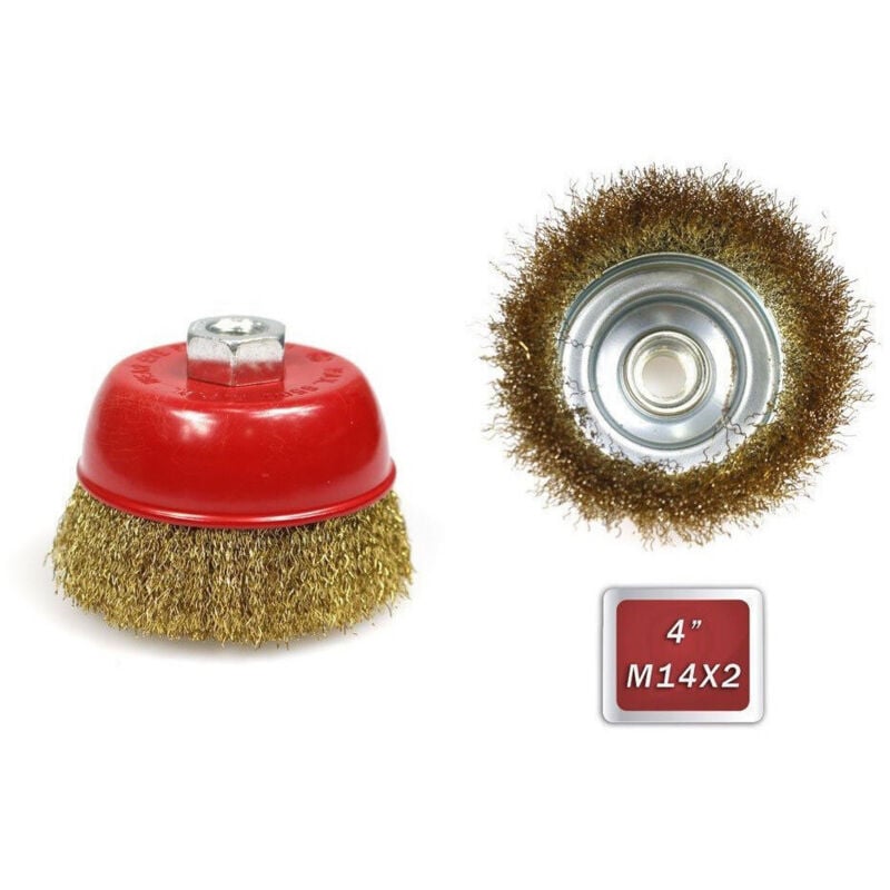 foto del prodotto trade shop traesio - spazzola a tazza 100 mm per smerigliatrice flex con fili ferro ondulati ottonati -