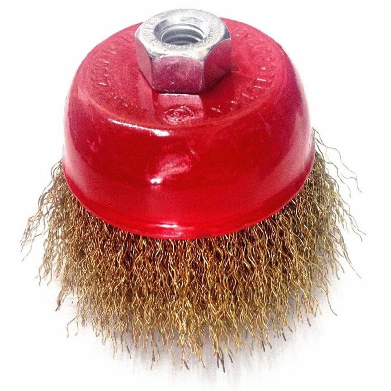 foto del prodotto trade shop traesio spazzola a tazza conica fili ondulati in ottone 75mm x smerigliatrice angolare 