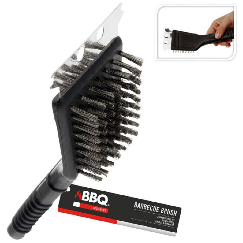foto del prodotto trade shop traesio spazzola con raschietto per griglie barbecue con manico in plastica 20 cm 